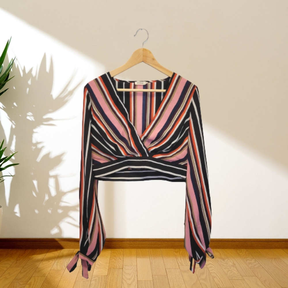 Black, burgundy, pink, orange & white stripped wrap-style cropped blouse